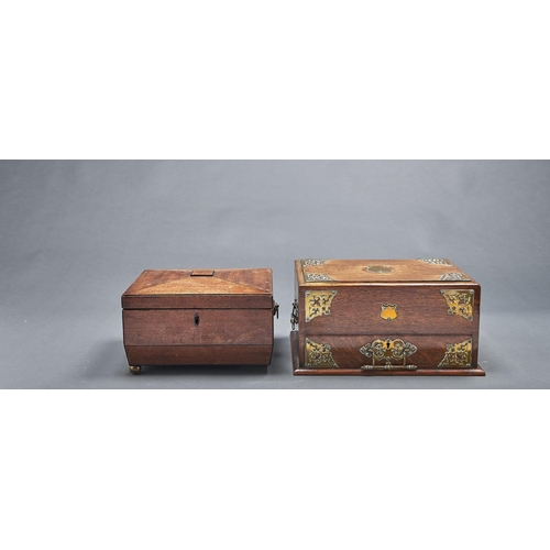 1080 - An Edwardian brass mounted oak stationery box, 32cm l, another oak box and two Regency mahogany and ... 
