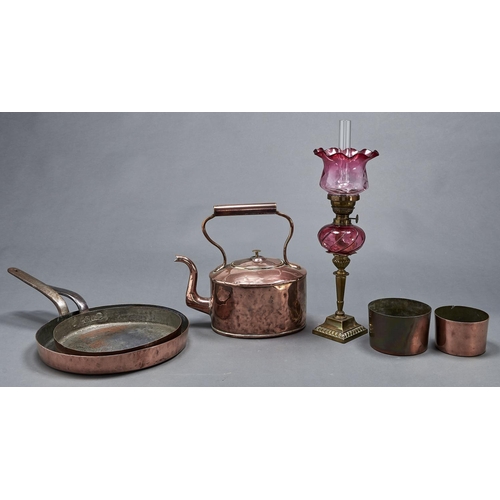 1082 - Kitchenalia. Two Victorian copper frying pans with iron handle, 26 and 31cm diam, the smaller stampe... 
