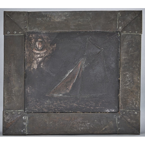 1084 - Frank Lutiger. An Arts and Crafts oxidised copper repoussé plaque of the 