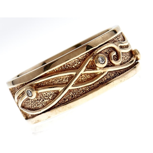 116 - Welsh Gold. A Celtic style diamond set 9ct gold band, Clogau box, 10.5g, size Y