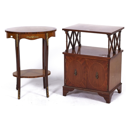1494 - A reproduction mahogany side cabinet, the rectangular top boxwood strung with crossbanded border abo... 