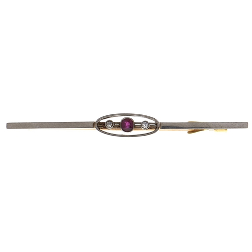 155 - A ruby and diamond bar brooch, early 20th c, gold, 4.5g