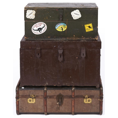 1575 - A rectangular wooden bound fabric covered trunk, applied lacquered brass clasps, lock plates with si... 