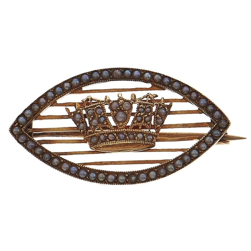 158 - A split pearl shuttle shaped naval crown brooch, early 20th c, in gold marked 15ct, 3.6g... 