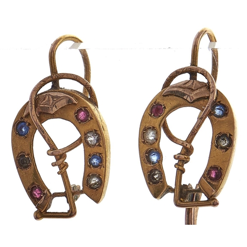 172 - A pair of Victorian ruby, sapphire and diamond set horseshoe earrings, c1900, in gold, 2.1g... 