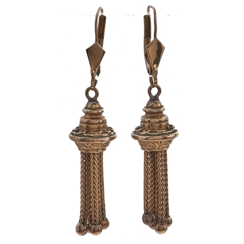 173 - A pair of gold tassel drops adapted as earrings, 7.7g