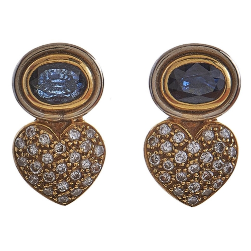 180 - A pair of Portuguese sapphire and diamond earrings, pave set in gold, control marks, 9g... 