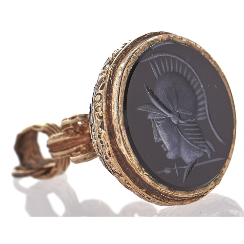 197 - A 9ct gold openwork fob seal, with onyx intaglio, 11.6g