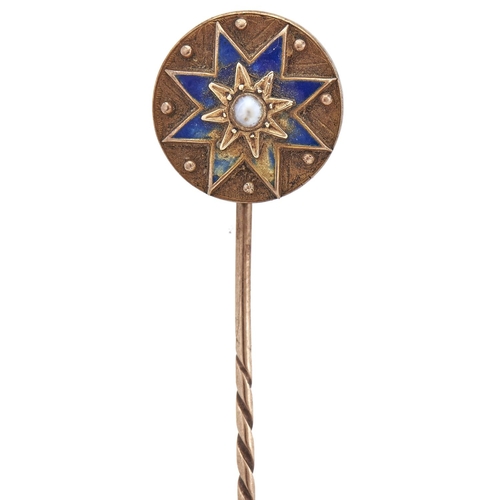 204 - A Victorian gold stickpin, with split pearl and blue enamel star terminal, 3.6g