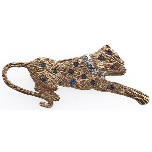 206 - A sapphire and diamond big cats brooch, ruby eyes, in 9ct gold, 6.9g