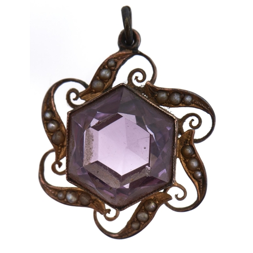 222 - An amethyst and seed pearl pendant, c1900, in gold marked 9ct, 4g