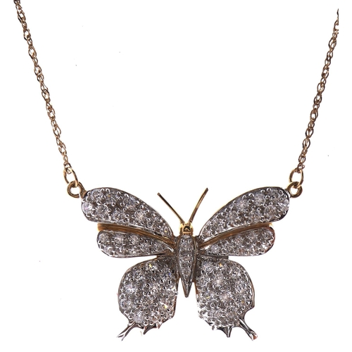 223 - A gem set two colour gold butterfly pendant, on integral gold necklet, indistinctly marked, 5.4g... 