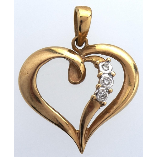 227 - A diamond pendant of heart shape, in gold marked 750, 3.1g