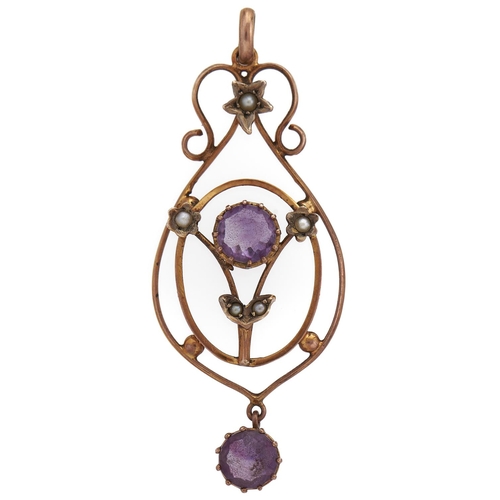 237 - An amethyst and split pearl openwork pendant, early 20th c, in gold marked 9ct, 2.7g... 