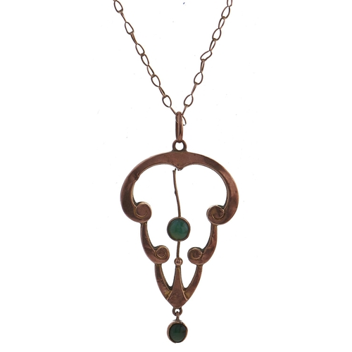 238 - An art nouveau turquoise pendant, early 20th c, in gold openwork, indistinctly marked, on gold neckl... 