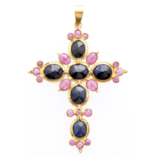 257 - A ruby and sapphire cross, in 18ct gold, 1.7g