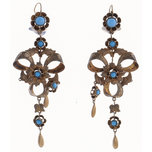 261 - A pair of silver gilt and turquoise paste flower and bow earrings, 19th c, 9g