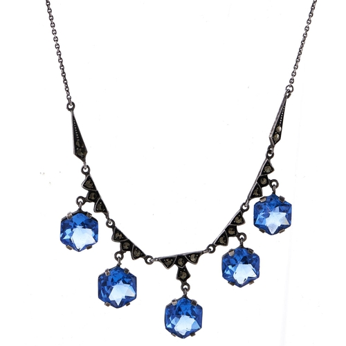 270 - An electric blue paste and marcasite fringe necklace, c1930