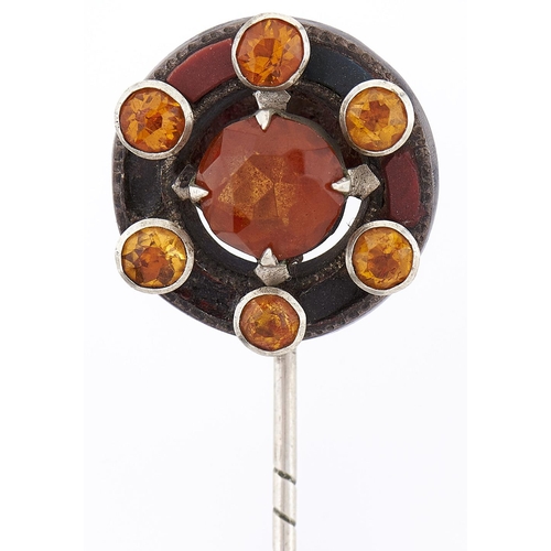 282 - A silver, Scottish hardstone and citrine paste stick pin, c1900