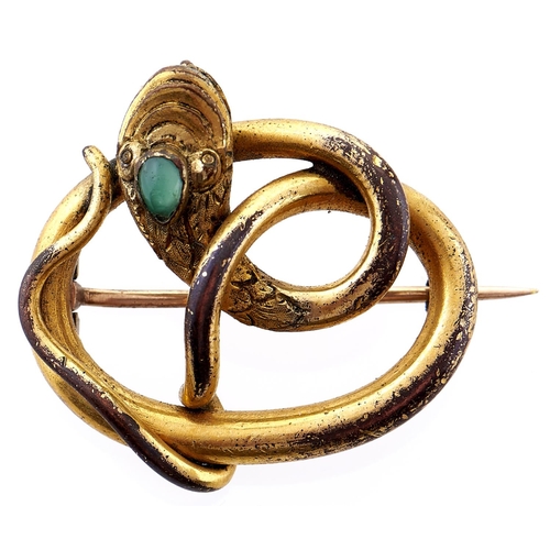 298 - A Victorian giltmetal snake brooch, the head set with chrysoprase