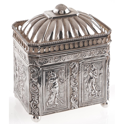 354 - A Dutch silver tea caddy, the domed lid with pierced gallery, the sides embossed with figures, 11cm ... 