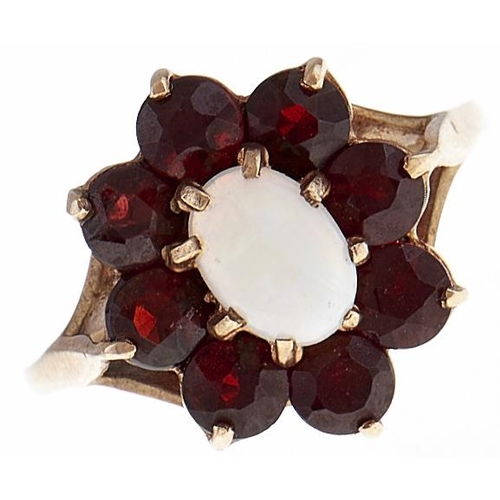 57 - An opal and garnet cluster ring, in 9ct gold, 3g, size O