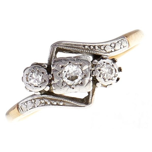 62 - A three stone diamond ring, in gold marked 18ct PLAT, 2.7g, size P