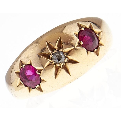 64 - A diamond and synthetic ruby ring, gypsy set in 18ct gold, Chester 1913, 3.5g, size J... 