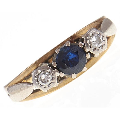 74 - A three stone sapphire and diamond ring, in 18ct gold, 4g, size L