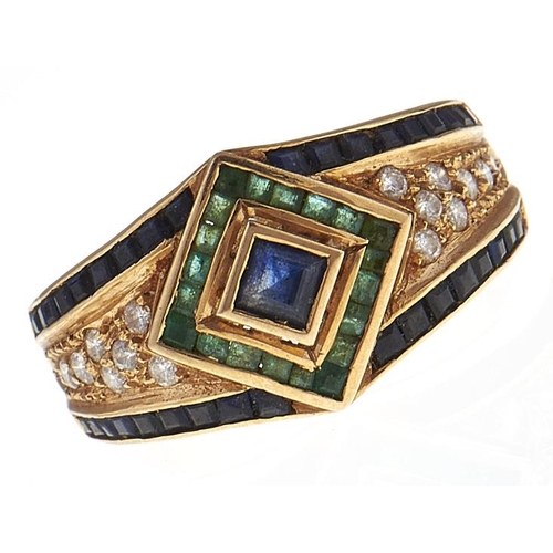 81 - A Portuguese diamond, sapphire and emerald ring, in gold, maker's mark, control mark for 18ct, 8.1g,... 