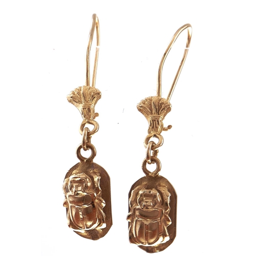 85 - A pair of Egyptian gold scarab earrings, wire loop, 3g