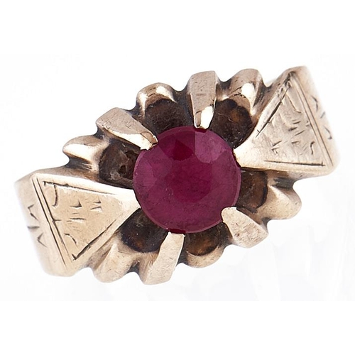 91 - A synthetic ruby ring, in gold marked 10k, 5.6g, size R