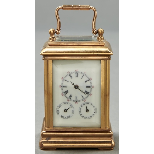 972 - A French brass miniature carriage timepiece, mignonette, late 20th c, with subsidiary day and date r... 