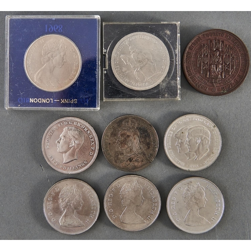 977 - Silver Coin. Crown 1889, miscellaneous base metal crowns and Nottingham High School bronze medal... 