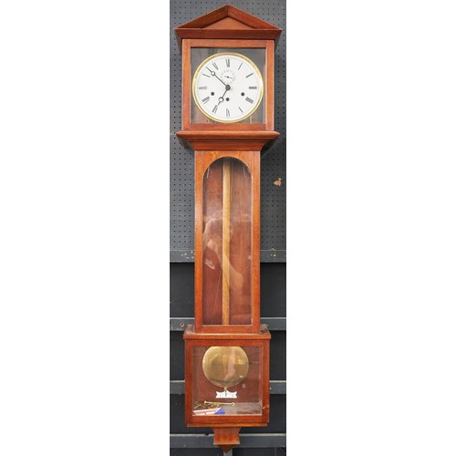 1479 - A Vienna style mahogany wall clock, 20th c, the movement chiming on rod gongs in glazed case with tr... 