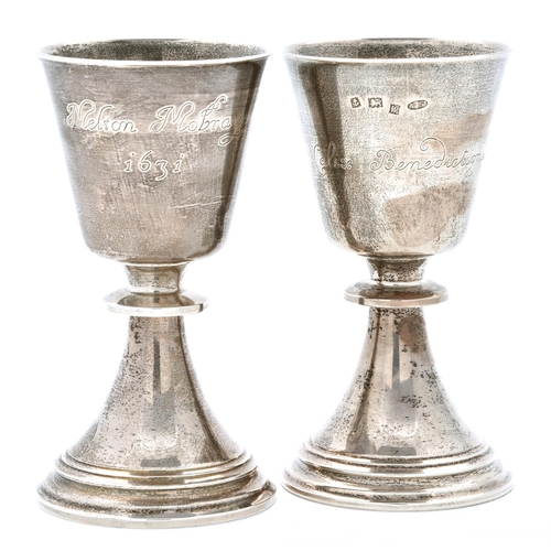 48 - Two Elizabeth II silver replicas of the Melton Mowbray chalice, 13cm h, by A Edward Jones, Birmingha... 