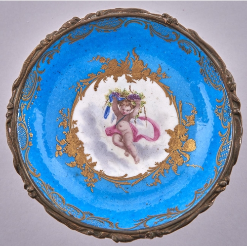 567 - A French ormolu mounted Sevres style tazza, late 19th c, incorporating a saucer, painted with putto ... 