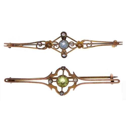 83 - Two gem set gold bar brooches, early 20thc, 4.7g