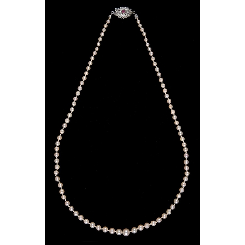 184a - A cultured pearl necklace with ruby and diamond clasp, of 3.5-7mm cultured pearls, the clasp of whit... 