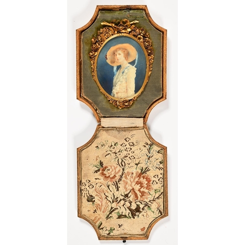 1094 - British School, early 20th c - Portrait Miniature of a Young Woman, half length, in a bonnet with bl... 