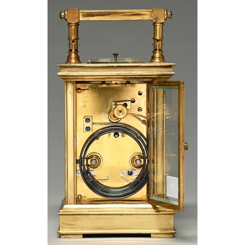 1151 - A French brass quarter repeating carriage clock, early 20th c, with blued steel halberd hands and Ar... 