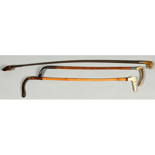 1298 - Riding. One horsehair and two bamboo lady's whips, late 19th / early 20th c, the handle of one carve... 