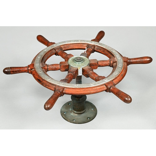 1307 - A teak ships wheel, early 20th c, chromium plated metal mount and shaft, 52cm over handles... 