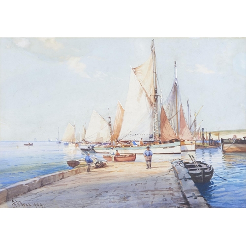 1443 - A D Bell  (fl  1920's-1950's)- Port Scene with Sailing Vessels, Fishermen on a Slipway, watercolour ... 