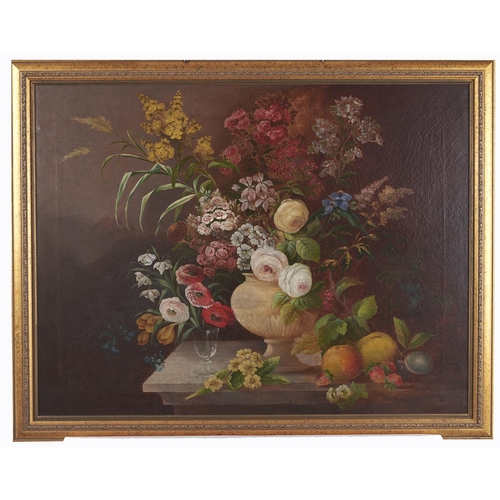 1528 - English School, 19th c - Still Life with Flowers in a Vase and Glass on a Marble Ledge with Fruit, o... 