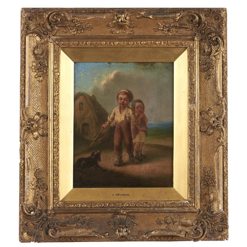 1559 - Attributed to J Delcour - Two Children with a Spaniel, oil on panel, 18.5 x 15.5cm