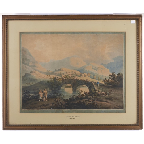 1561 - Joseph Halfpenny (1748-1811) - Mountainous Landscape with Figures on a Packhorse Bridge, watercolour... 