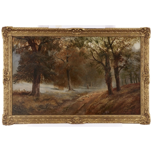 1589 - P H Herbert (Fl. late 19th c) - Sheep on a Woodland Track, signed and dated 1889, oil on canvas, 64 ... 