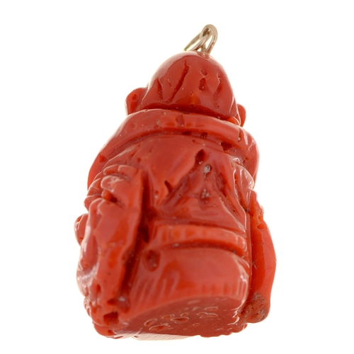 47 - A South East Asian coral pendant, carved in the form of Shou-Lau, 39mm, 22g