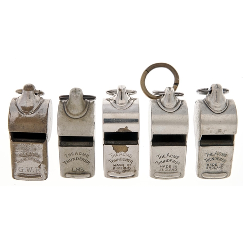 575 - Five Railwayman's and other nickel plated whistles, each marked THE ACME THUNDERER, two stamped GWR ... 